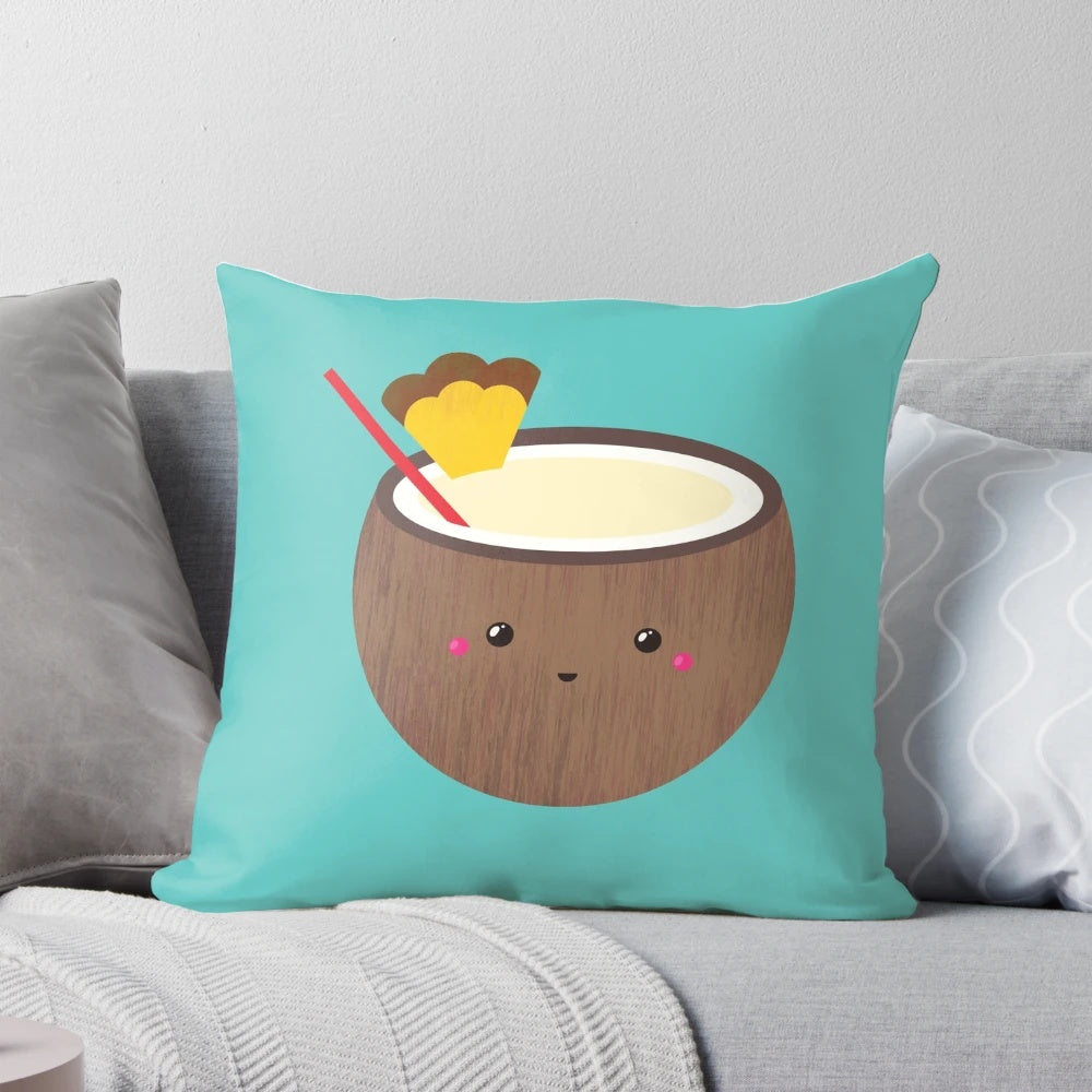 Soft, plush pillow featuring a pineapple and coconut pina colada design, perfect for a tropical vacation vibe.