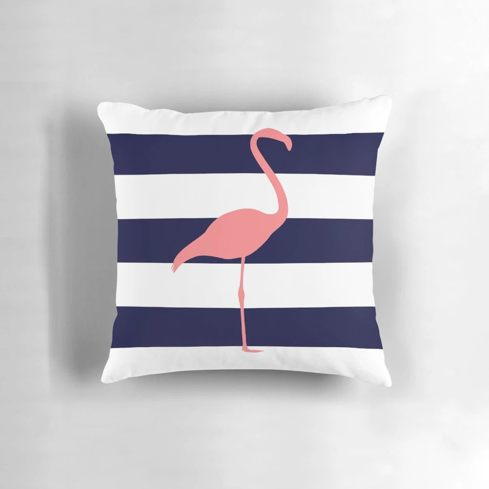Tropical pink flamingo decorative pillow with navy blue and white stripes