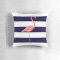Tropical pink flamingo decorative pillow with navy blue and white stripes