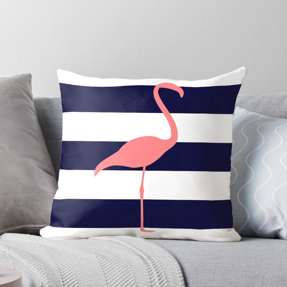 Tropical pink flamingo decorative pillow with navy blue and white stripes