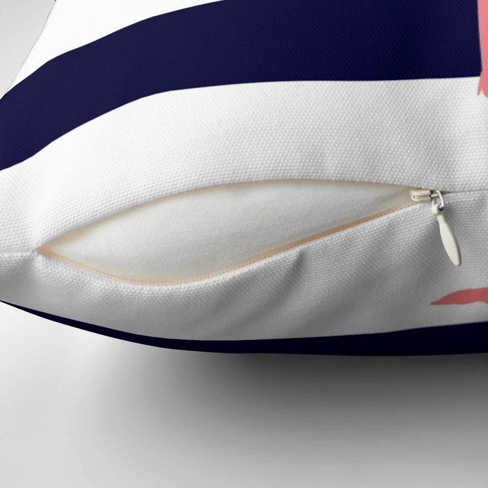 Tropical pink flamingo decorative pillow with navy blue and white stripes