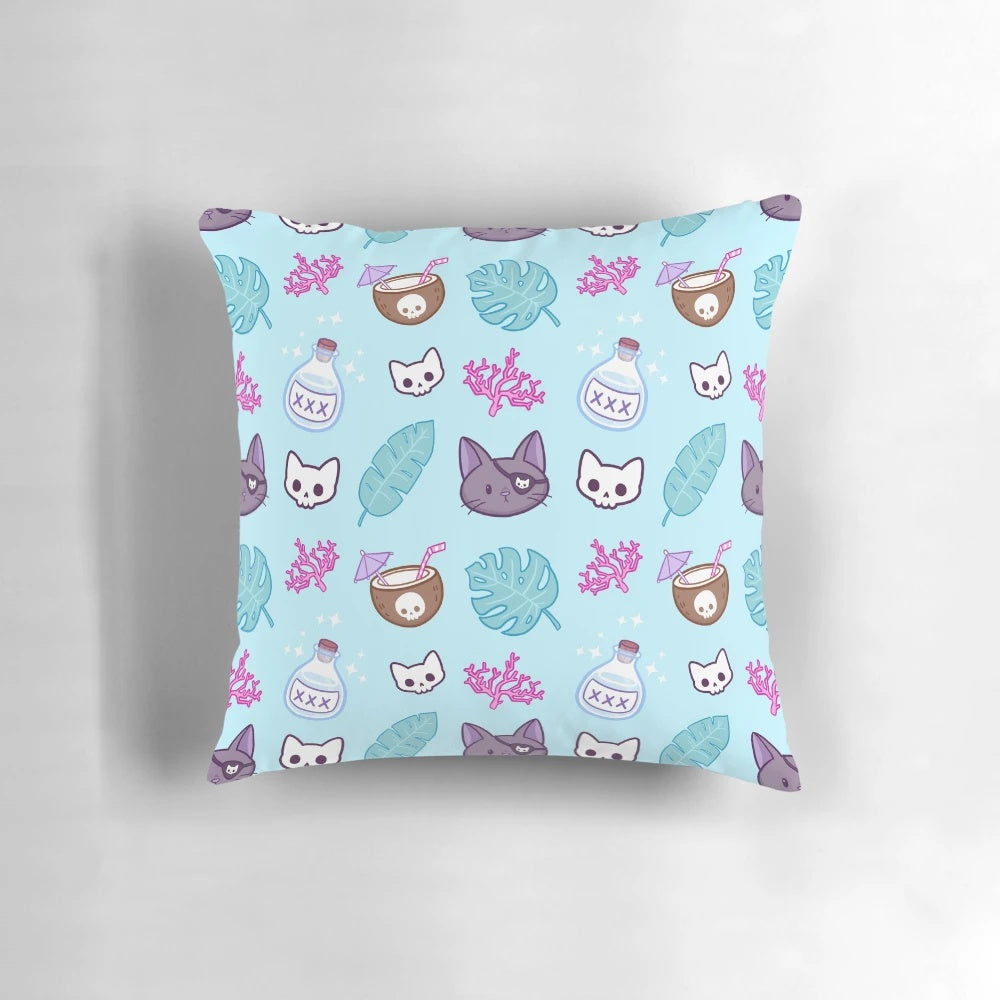 Turquoise Pirate Cat Pillow with Tropical Leaves and Skull Motif