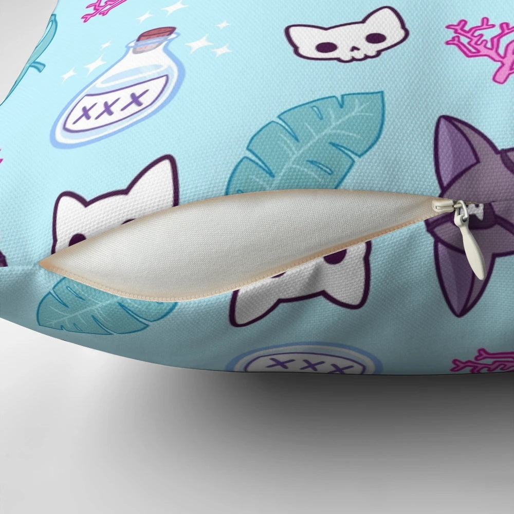 Turquoise Pirate Cat Pillow with Tropical Leaves and Skull Motif