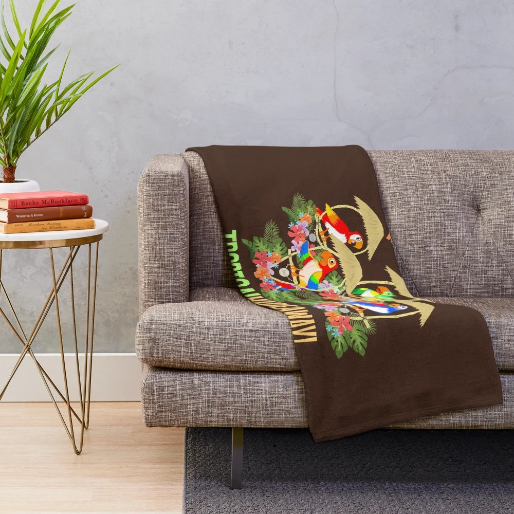 Tropical plush blanket with tiki motifs and palm trees