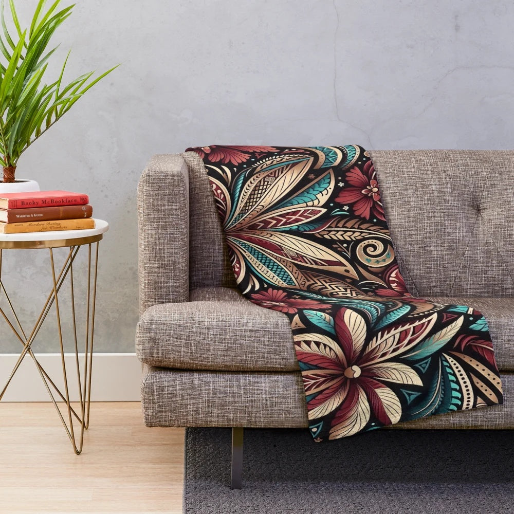 Tropical polynesian plush blanket with regal tapestry design featuring island culture, floral motifs, and rich colors