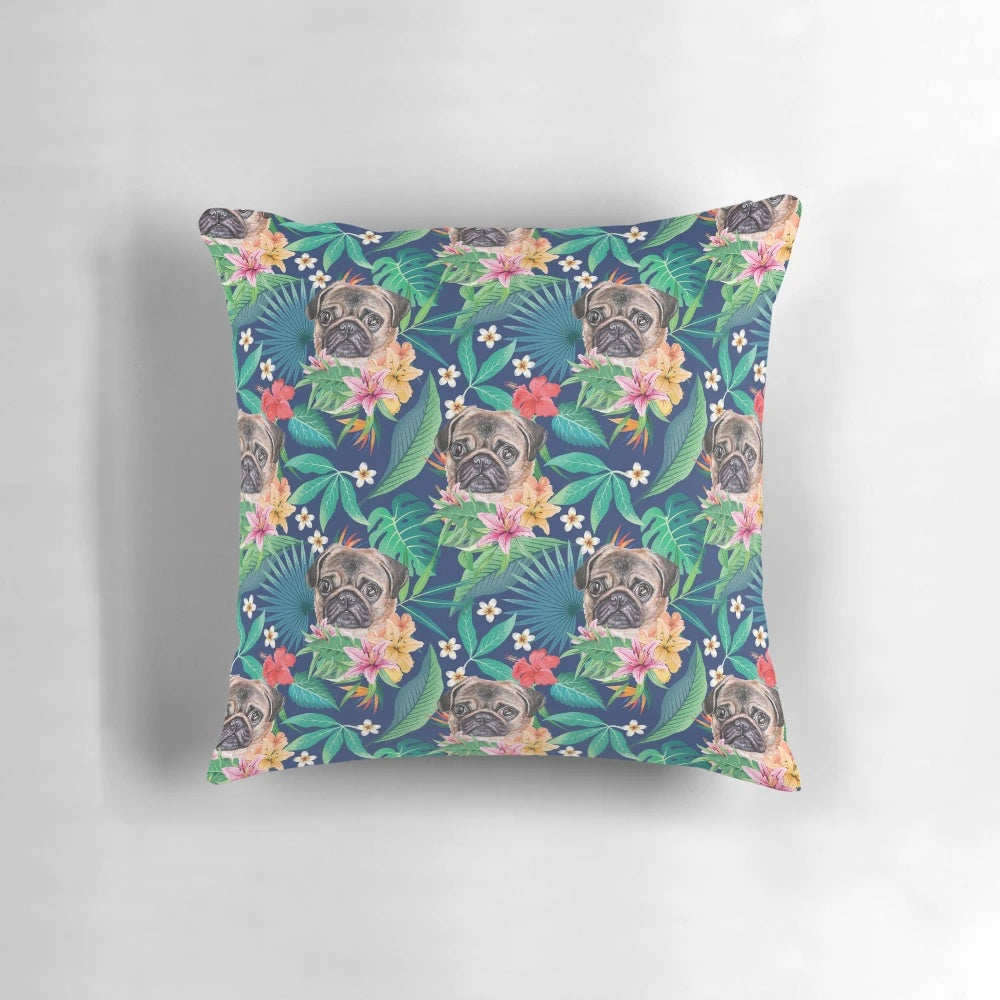 Vibrant tropical pug throw pillow with floral and Hawaiian design