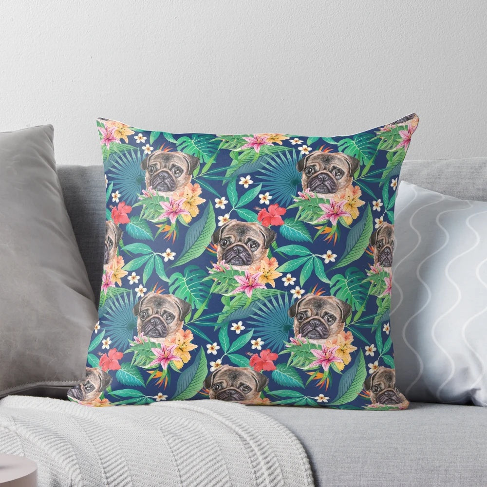 Vibrant tropical pug throw pillow with floral and Hawaiian design