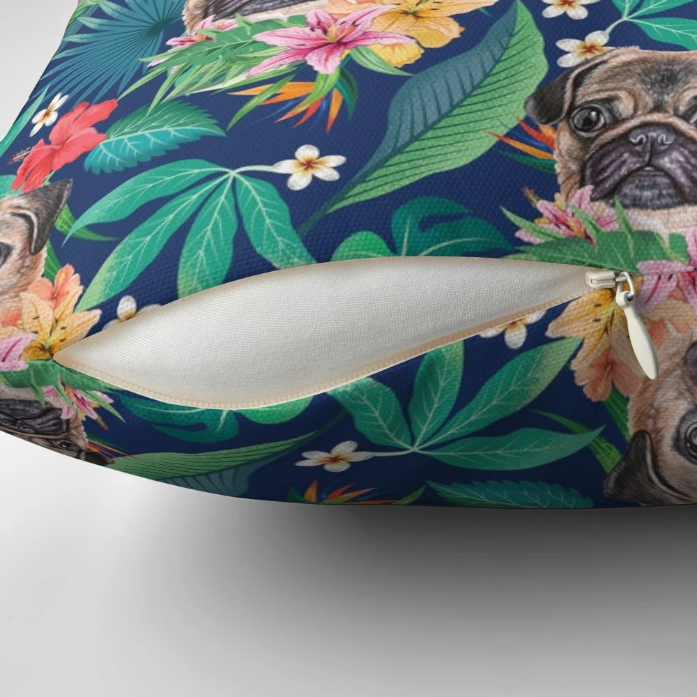 Vibrant tropical pug throw pillow with floral and Hawaiian design
