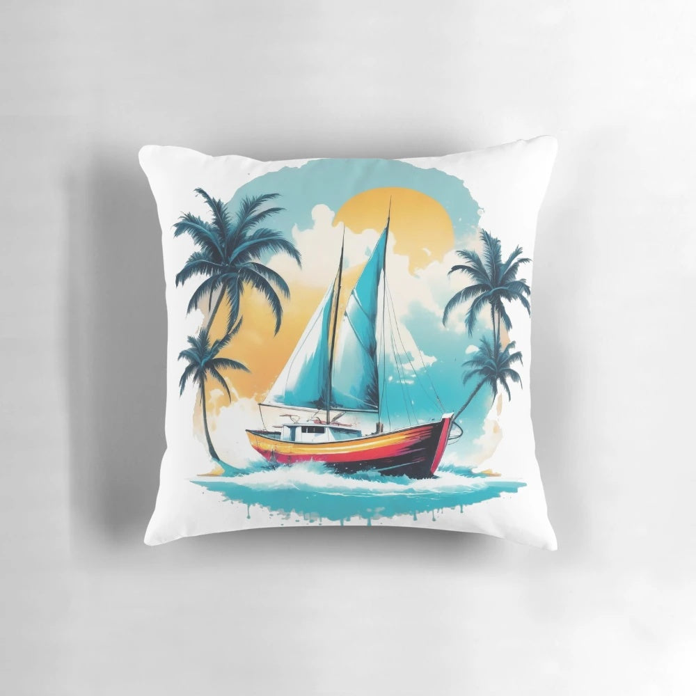 Vibrant canvas wall art featuring a sailboat navigating between palm trees in a scenic coastal landscape at sunset.