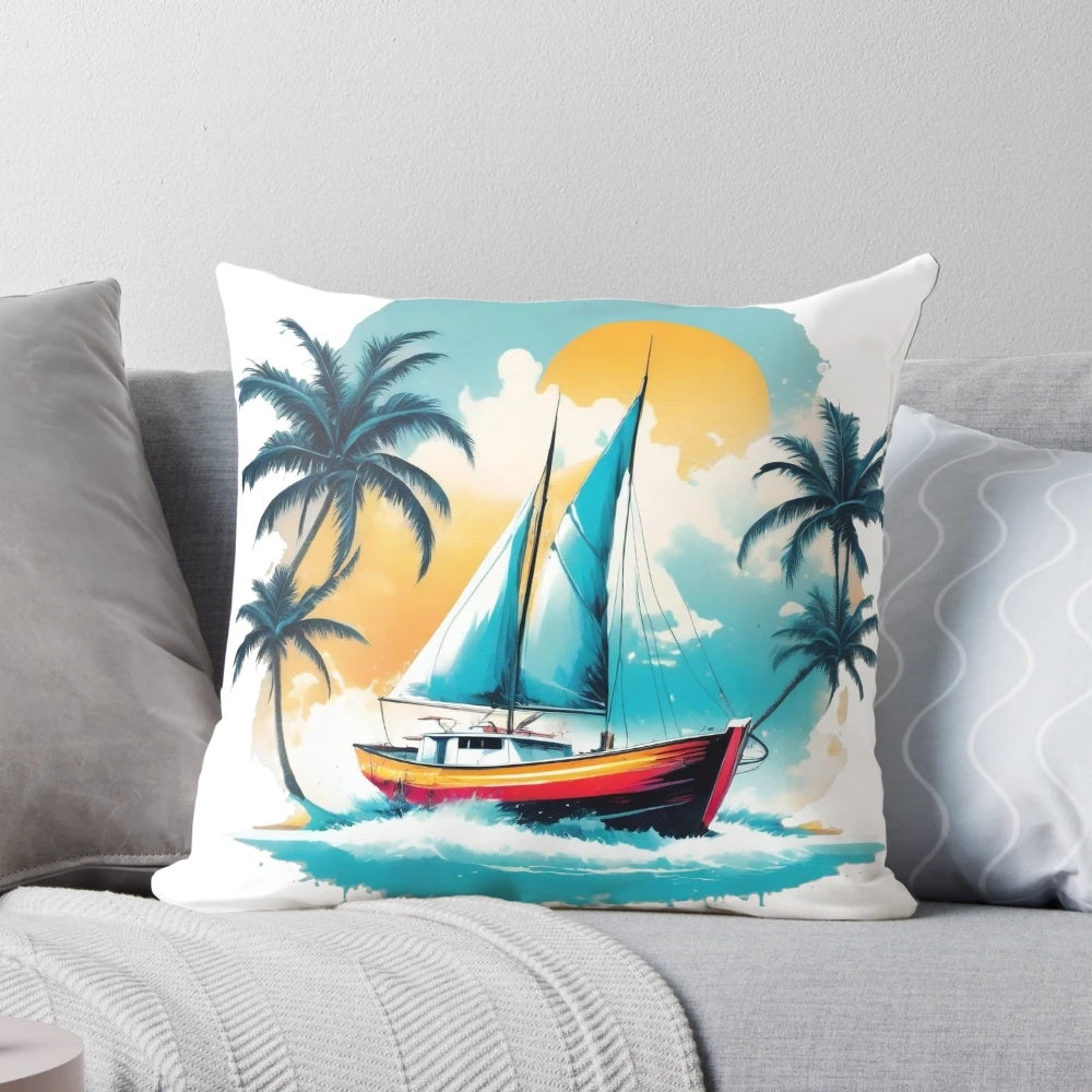 Vibrant canvas wall art featuring a sailboat navigating between palm trees in a scenic coastal landscape at sunset.