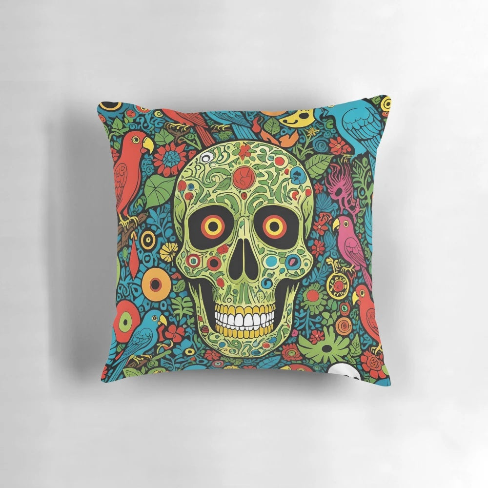 Vibrant tropical skull and parrot design pillow with abstract surrealist and floral elements.