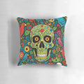 Vibrant tropical skull and parrot design pillow with abstract surrealist and floral elements.