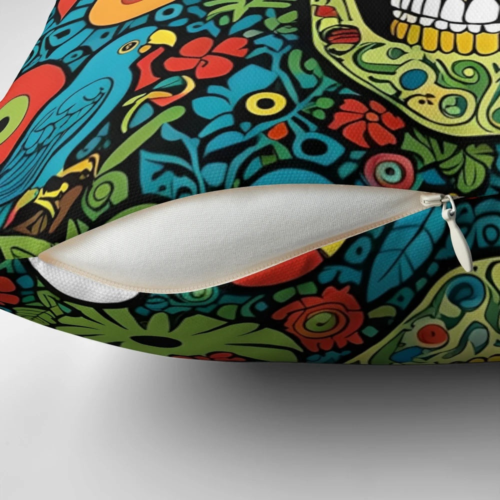 Vibrant tropical skull and parrot design pillow with abstract surrealist and floral elements.