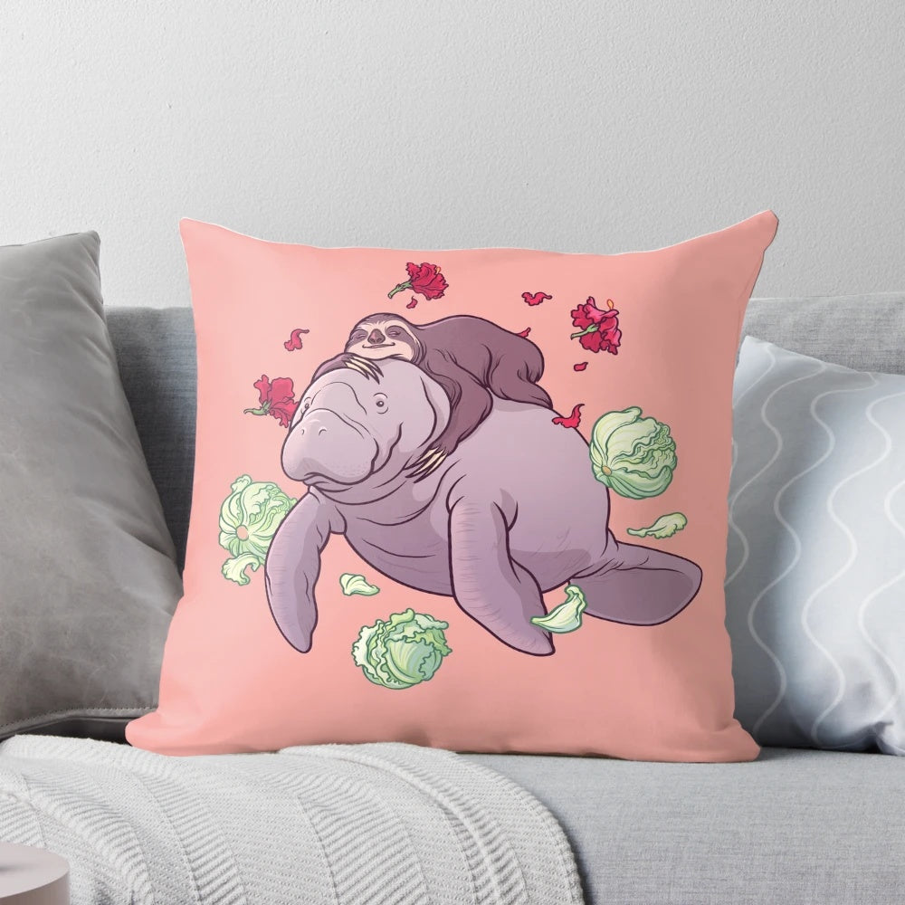 Tropical-themed decorative pillow featuring a manatee, sloth, and hibiscus flower design