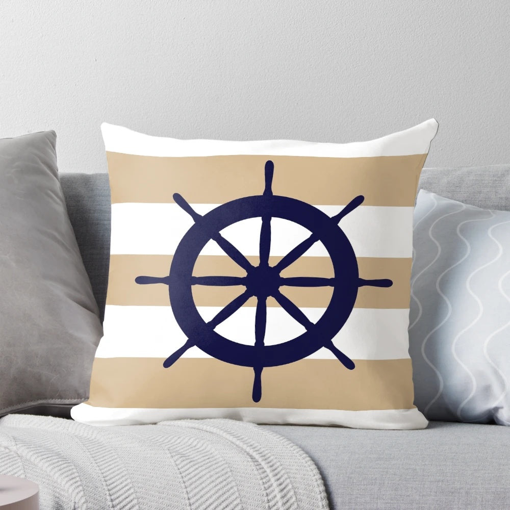 Tropical blue and white striped pillow with a ship's steering wheel design