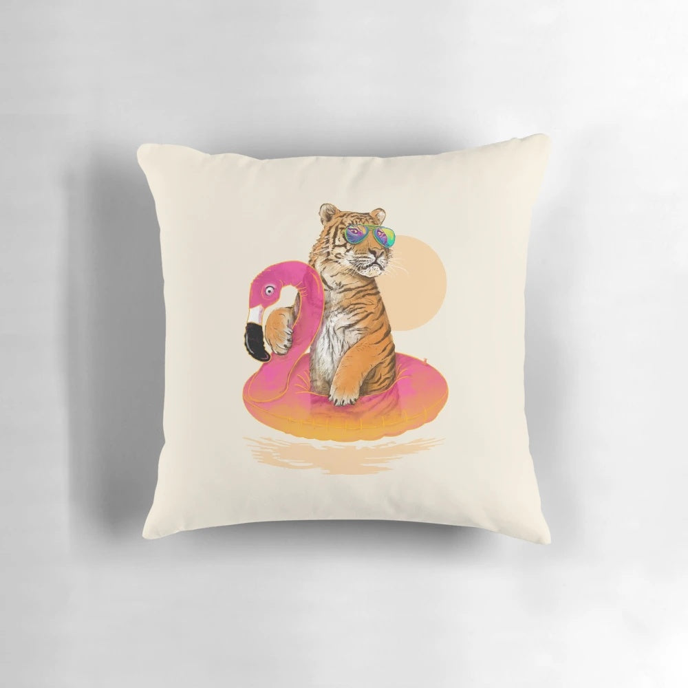 Vibrant flamingo and tiger print pillow for a tropical, relaxing vibe