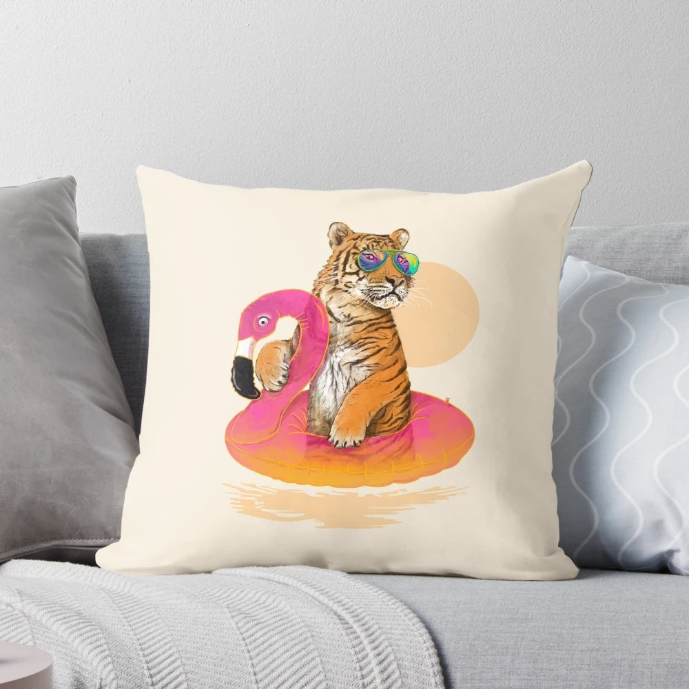 Vibrant flamingo and tiger print pillow for a tropical, relaxing vibe