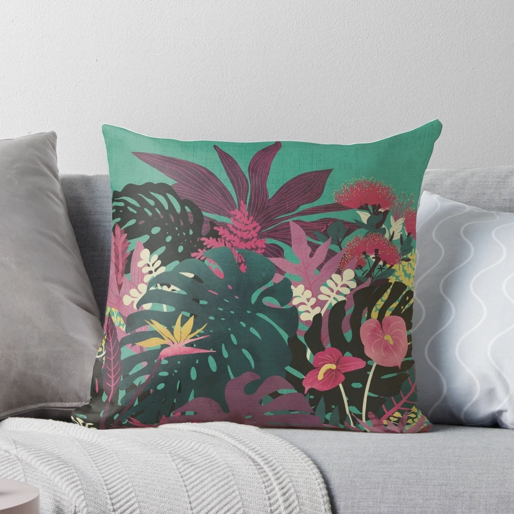 Tropical-inspired pillow with vibrant floral and leaf patterns, perfect for summer vacations and beach getaways.