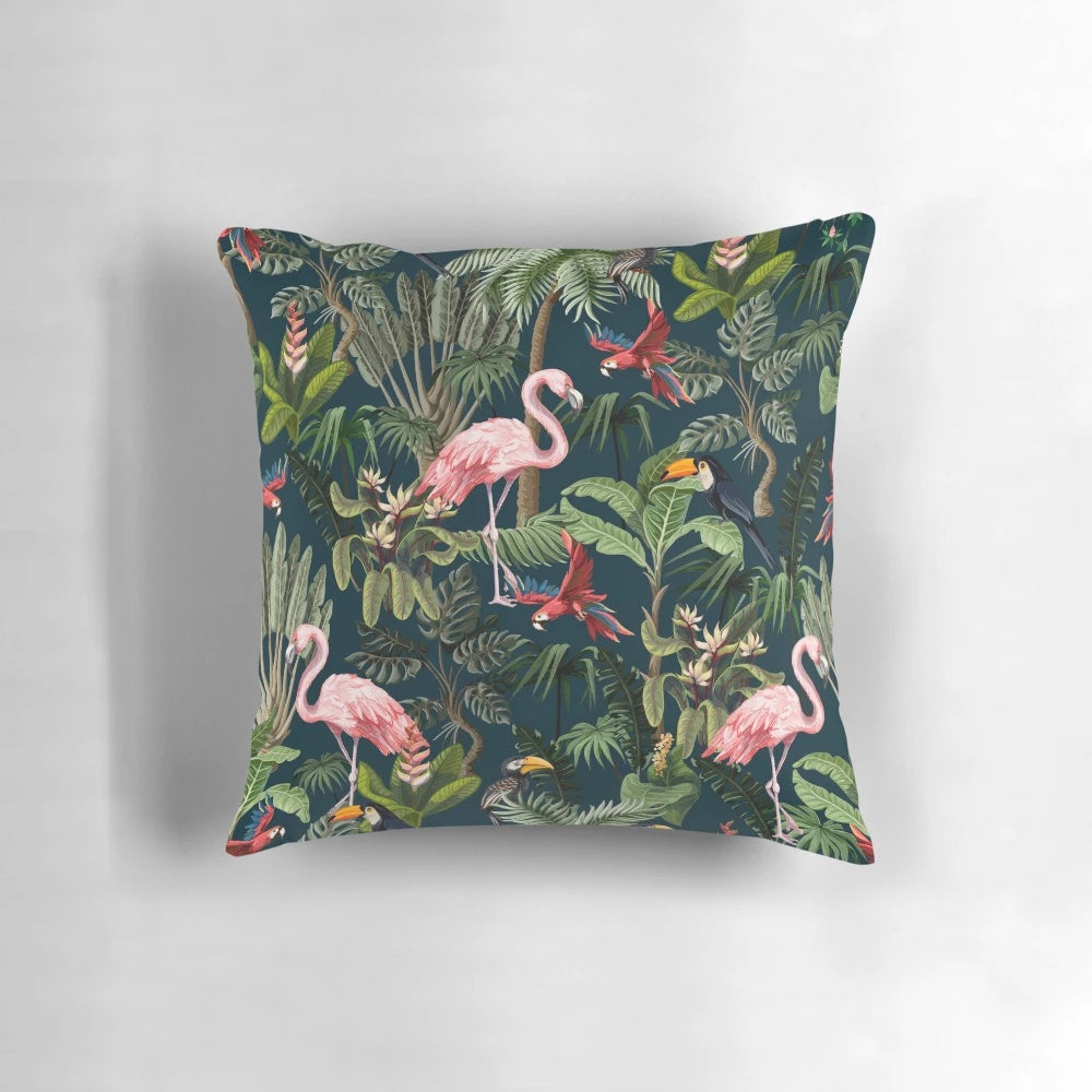 Tropical throw pillow featuring a colorful pattern with a toucan, flamingo, and parrot against a jungle background.