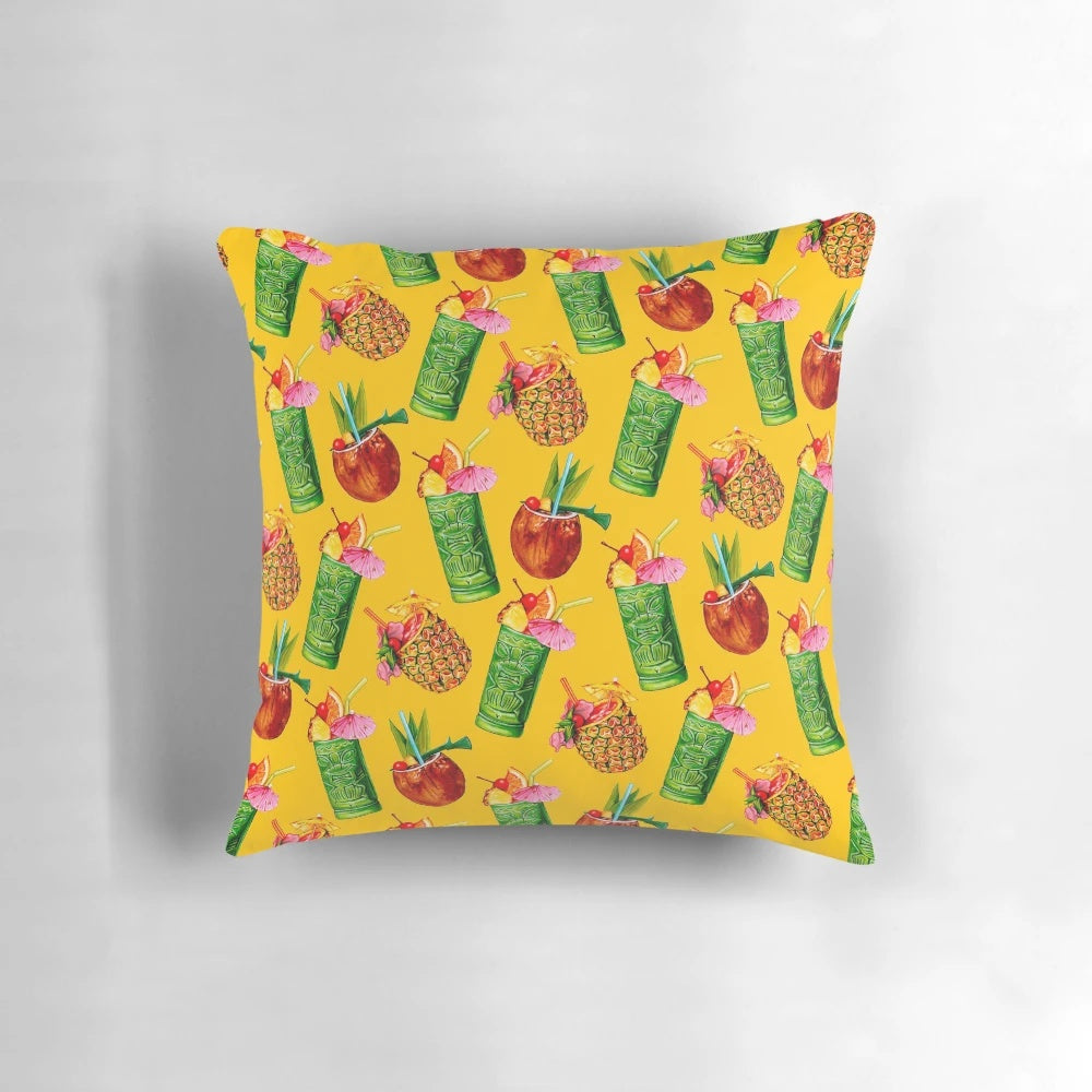 Vibrant yellow throw pillow with a retro tiki cocktail pattern, perfect for tropical home decor and Hawaii vacation style.