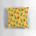 Vibrant yellow throw pillow with a retro tiki cocktail pattern, perfect for tropical home decor and Hawaii vacation style.