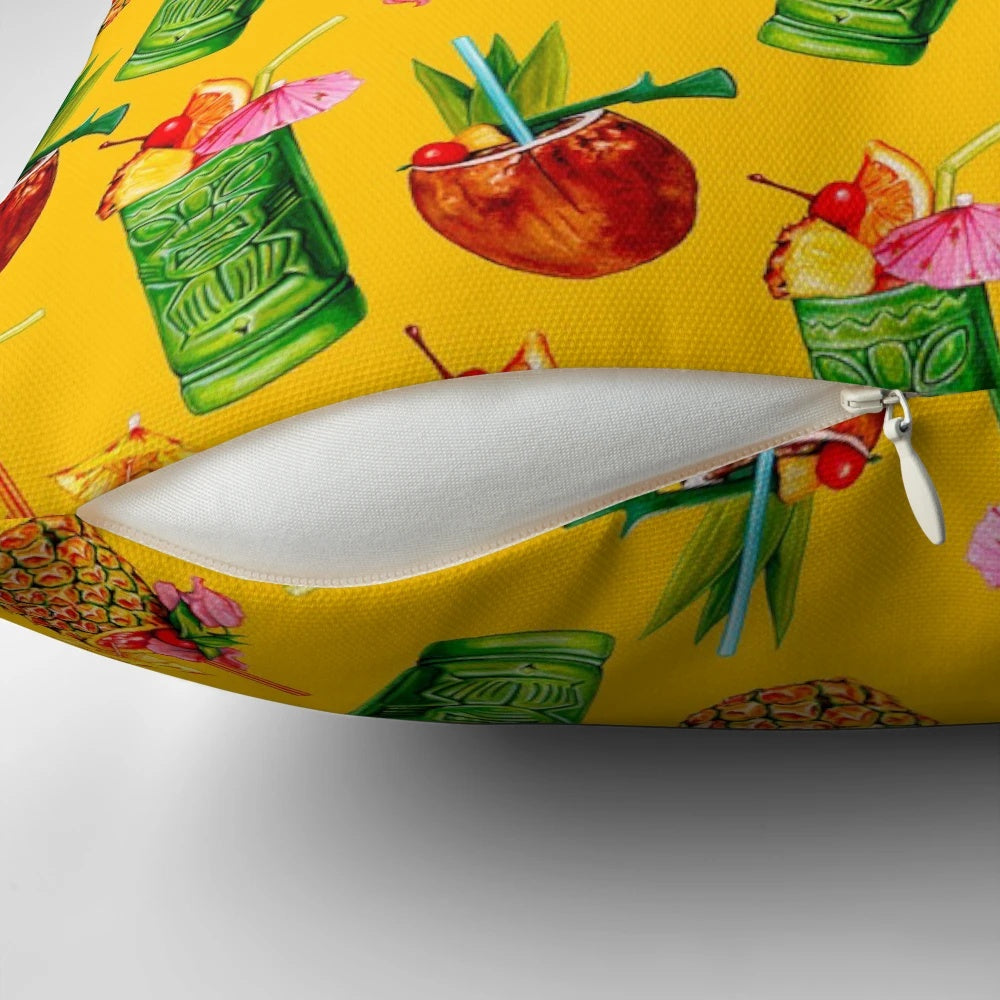 Vibrant yellow throw pillow with a retro tiki cocktail pattern, perfect for tropical home decor and Hawaii vacation style.