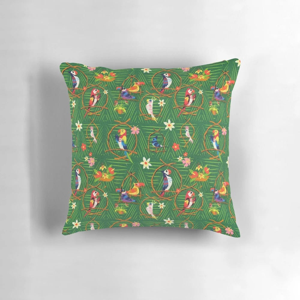 Colorful tropical tiki-themed pillow with Disney-inspired design