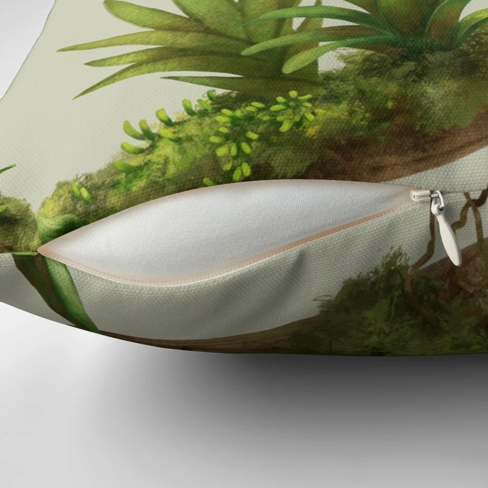A decorative throw pillow featuring a vibrant illustration of a toco toucan perched on a bromeliad plant against a lush, green background.