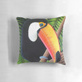 A vibrant, tropical toucan bird printed on a decorative accent pillow, creating a lush, jungle-inspired ambiance.