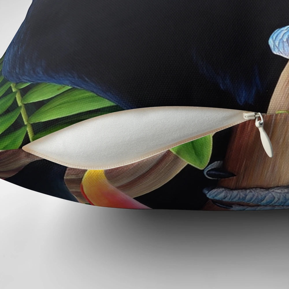 A vibrant, tropical toucan bird printed on a decorative accent pillow, creating a lush, jungle-inspired ambiance.