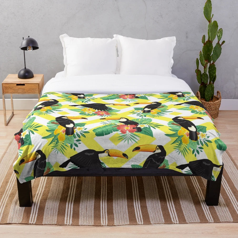 Plush blanket with adorable toucans and tropical illustration pattern