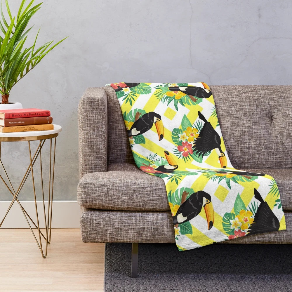 Plush blanket with adorable toucans and tropical illustration pattern