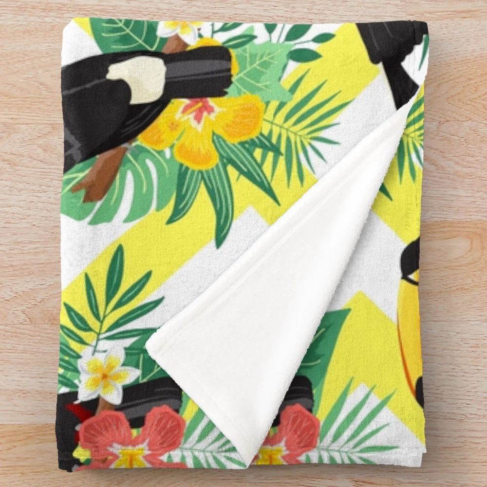 Plush blanket with adorable toucans and tropical illustration pattern