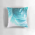 A decorative pillow featuring a digital artwork of tropical palm leaves in shades of turquoise, perfect for adding a summer vibe to any coastal or beach-inspired space.