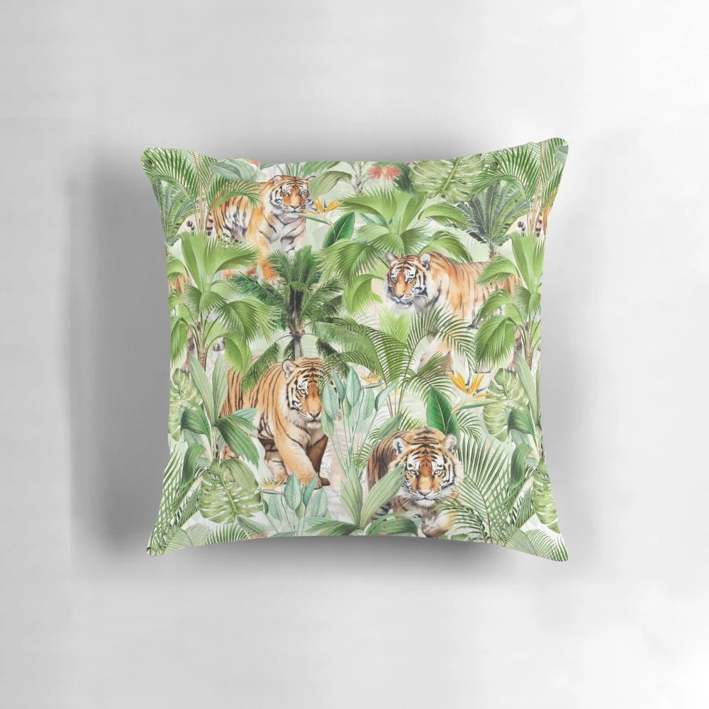 Tropical vintage pillow featuring a mystic tiger and lush jungle foliage