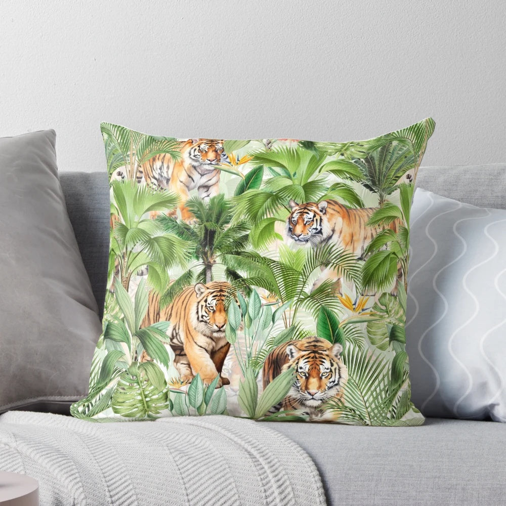 Tropical vintage pillow featuring a mystic tiger and lush jungle foliage