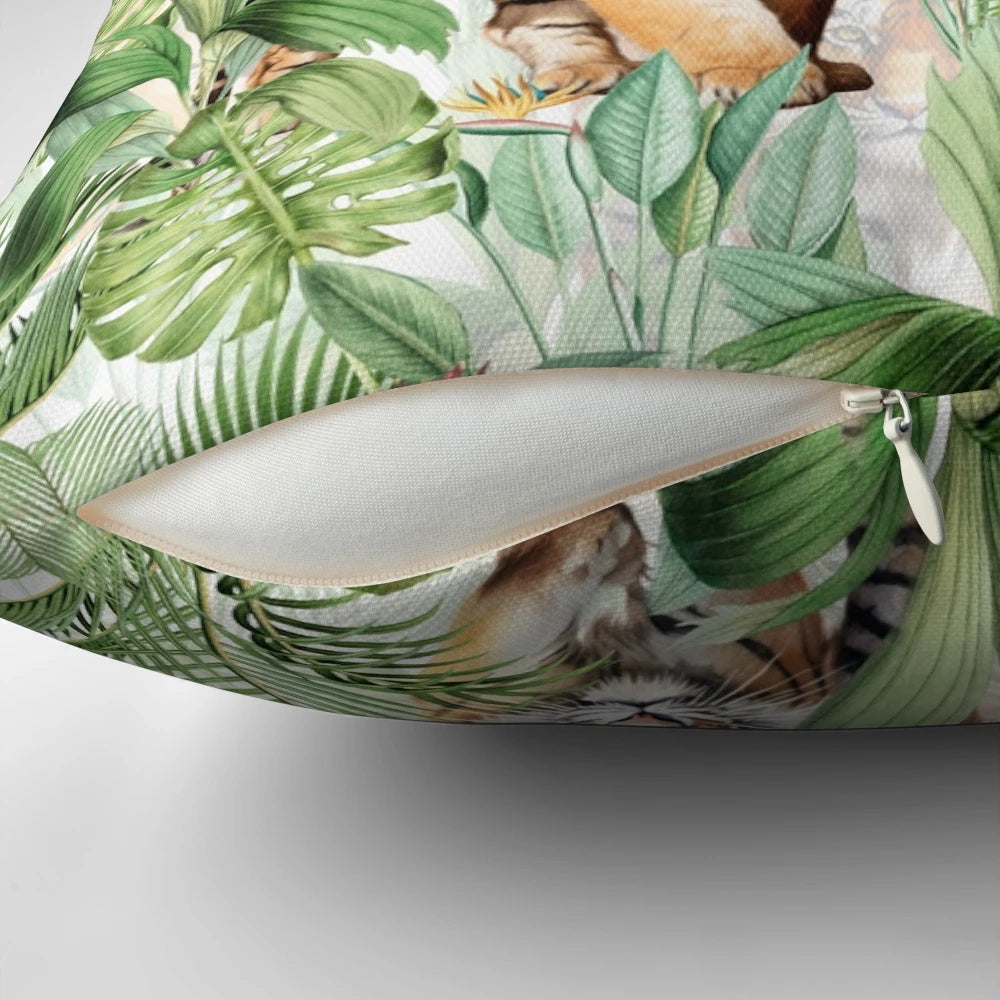 Tropical vintage pillow featuring a mystic tiger and lush jungle foliage