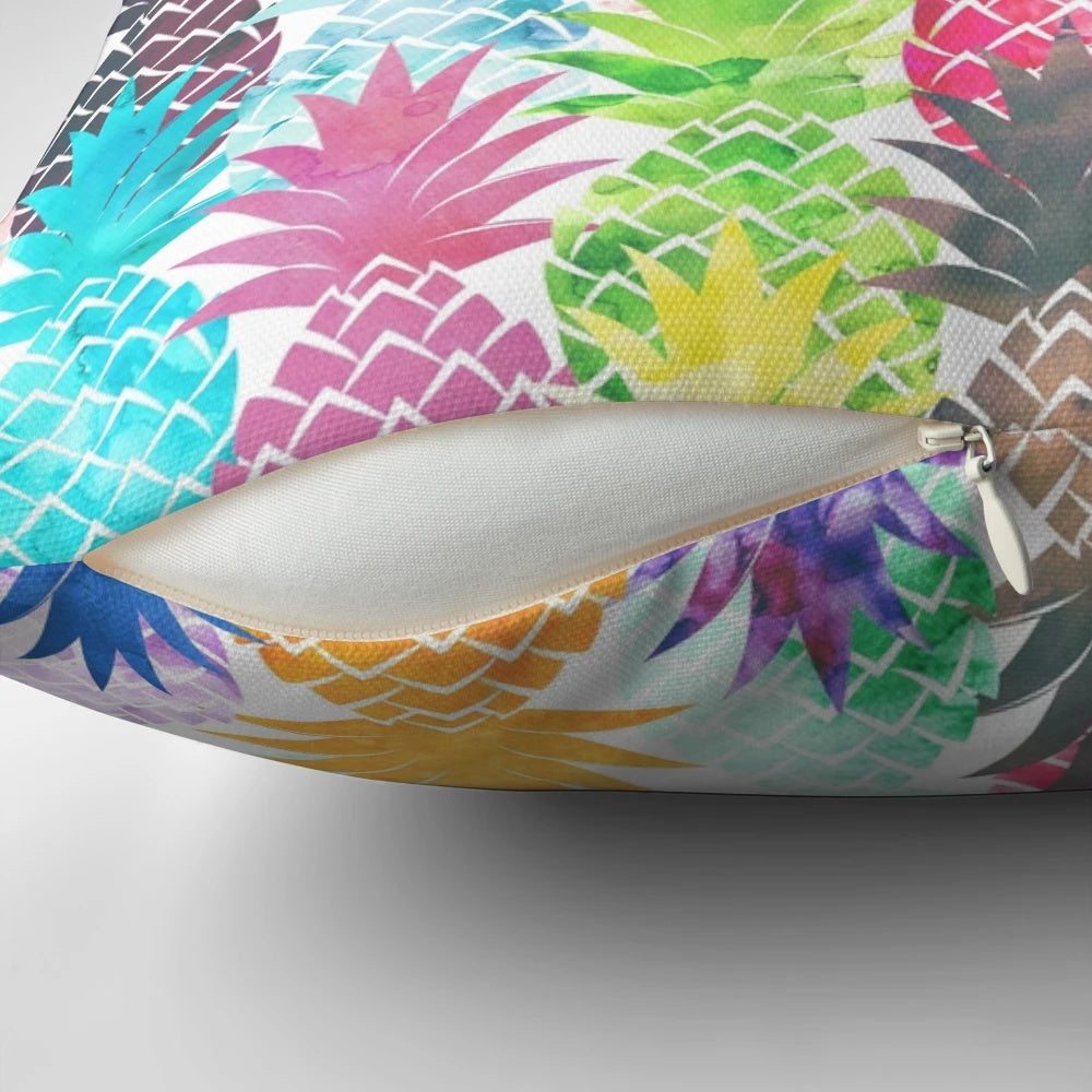 Vibrant tropical watercolor pineapple pattern printed on a soft, plush pillow.
