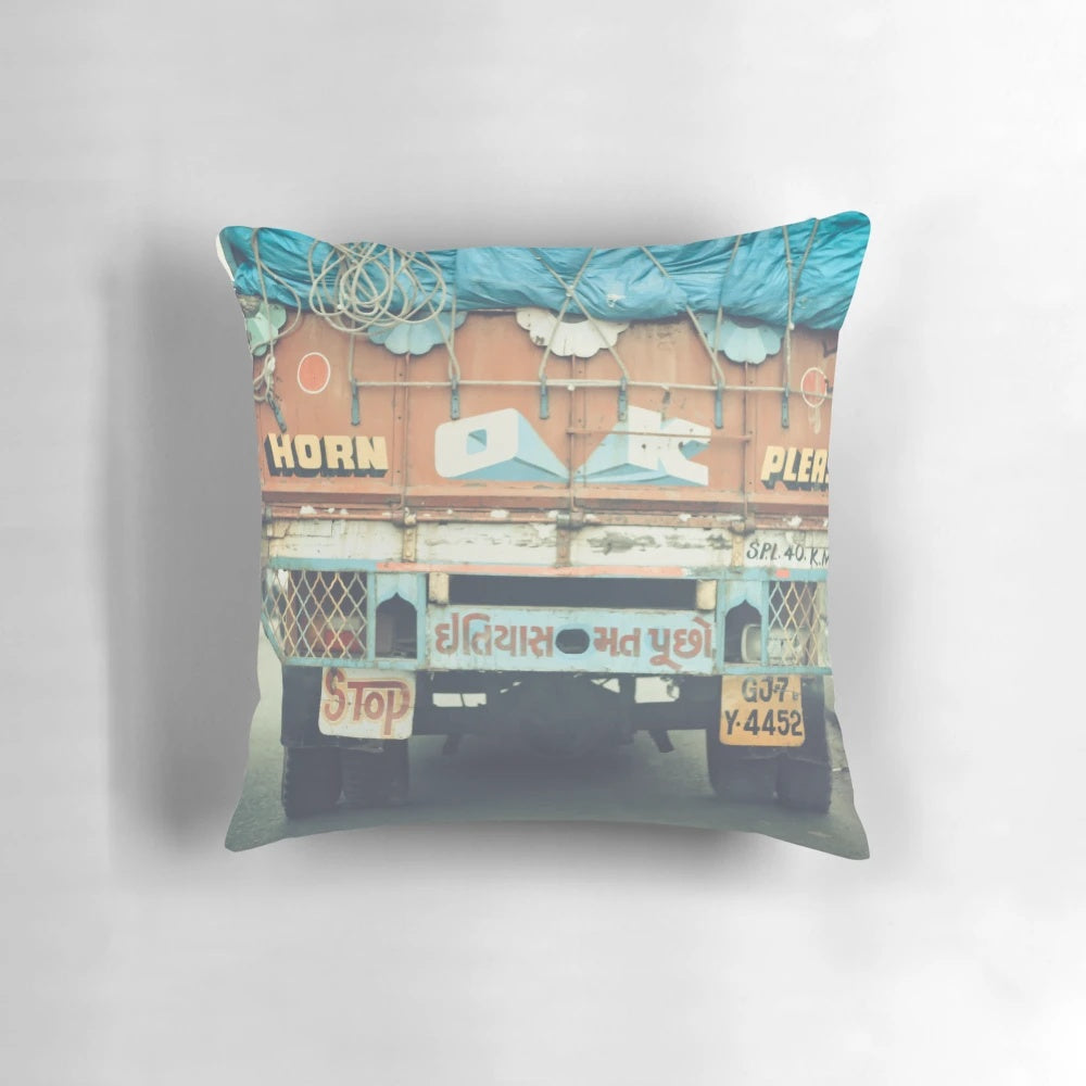 Truck horn-shaped decorative pillow with "Horn Please OK" text