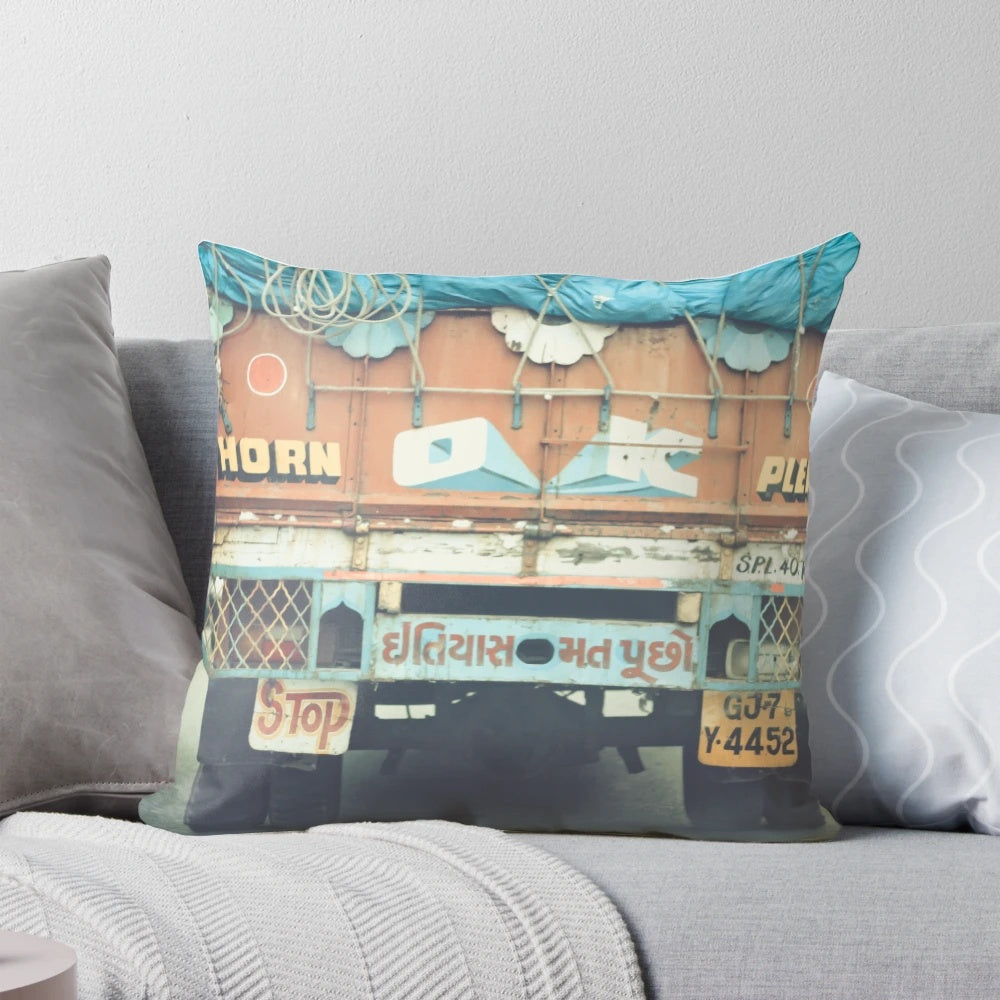 Truck horn-shaped decorative pillow with "Horn Please OK" text