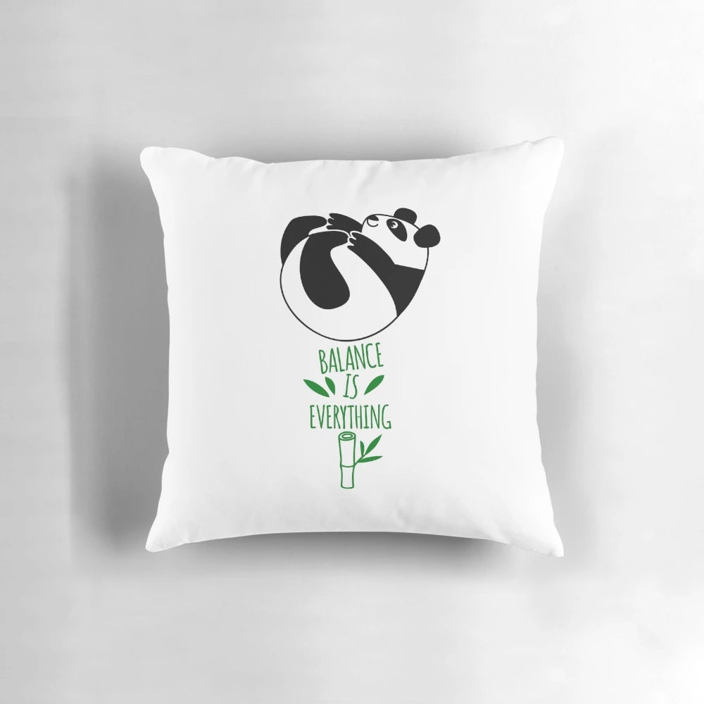 Cute tumbling panda decorative pillow with "Balance Is Everything!" slogan
