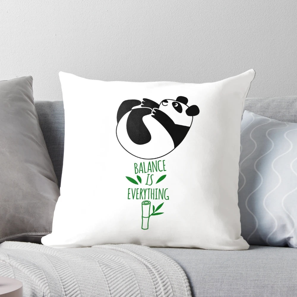 Cute tumbling panda decorative pillow with "Balance Is Everything!" slogan