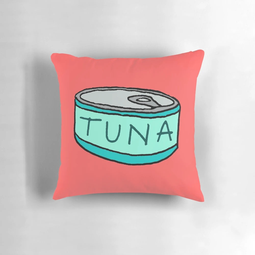 Tuna-themed pillow made to look like a realistic tin can