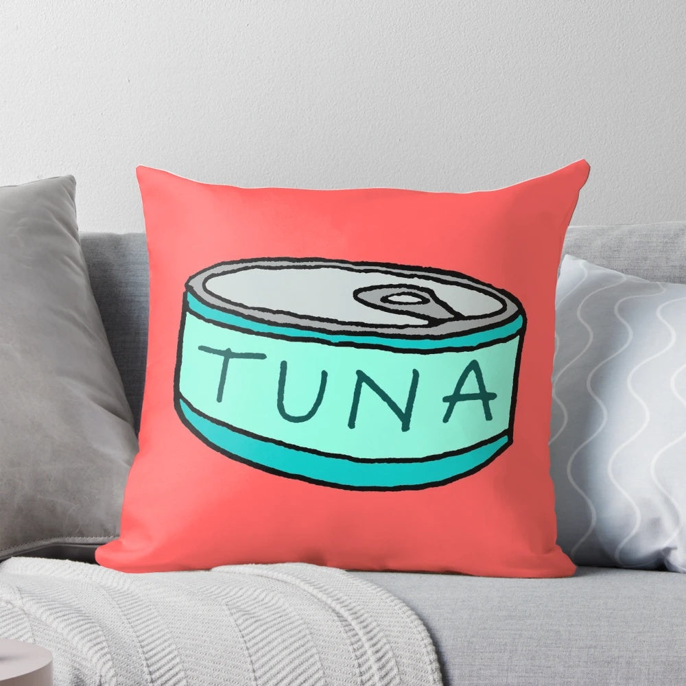 Tuna-themed pillow made to look like a realistic tin can