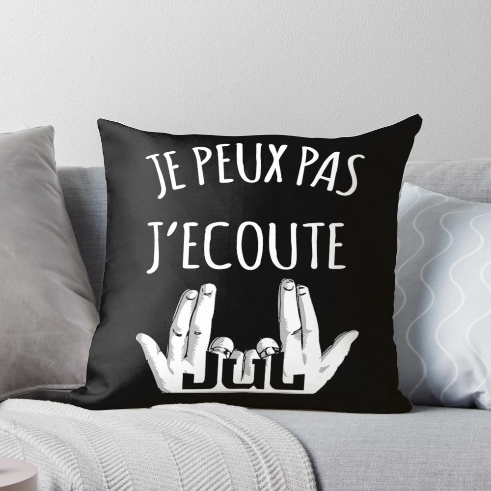 A cozy pillow with the text "I Can't I'm Listening to Jul" printed on it, perfect for music lovers.