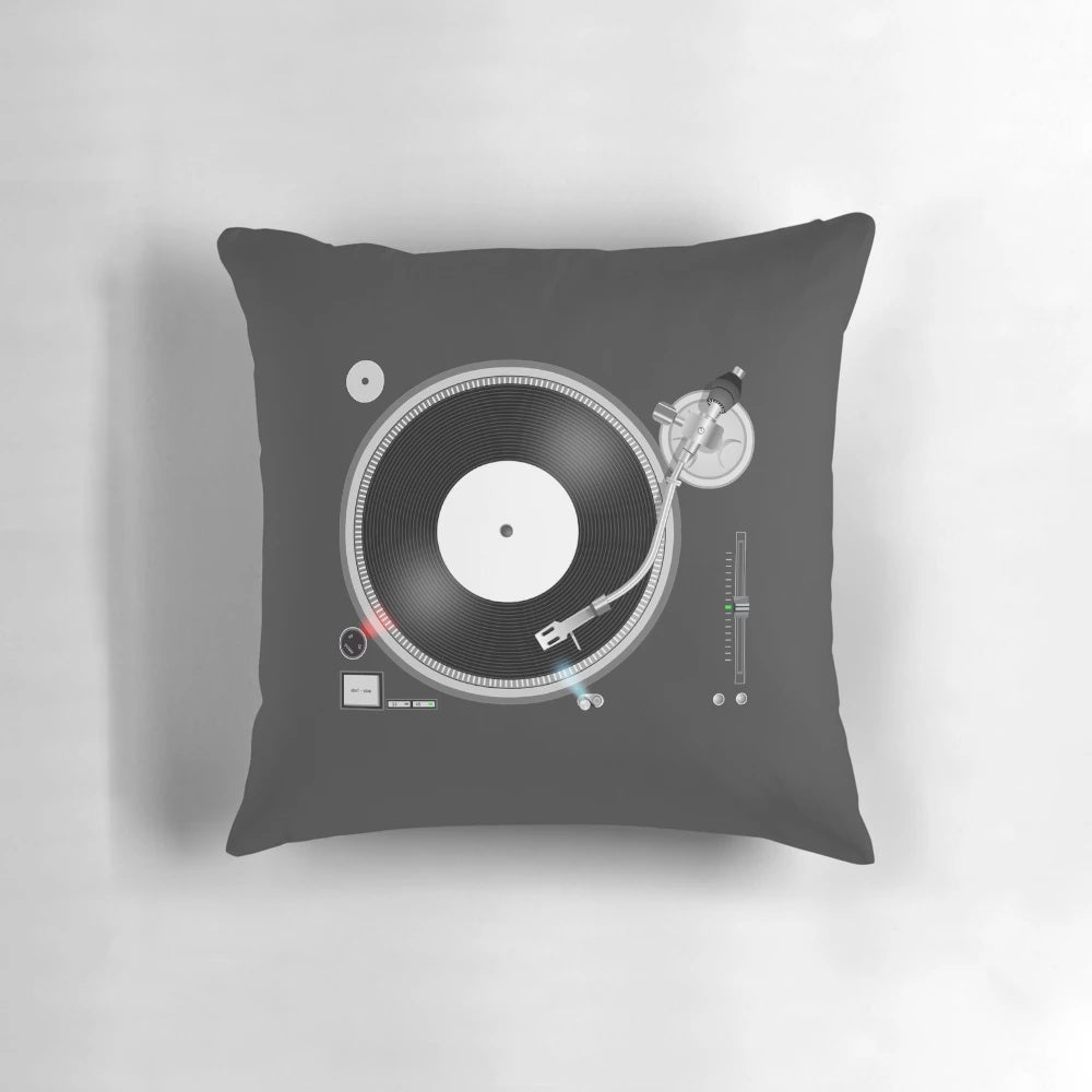 Plush turntable-themed pillow for music enthusiasts
