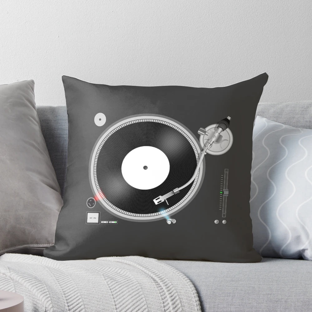 Plush turntable-themed pillow for music enthusiasts