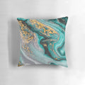 Turquoise and gold marble print decorative pillow with a modern, minimalist Scandinavian abstract design
