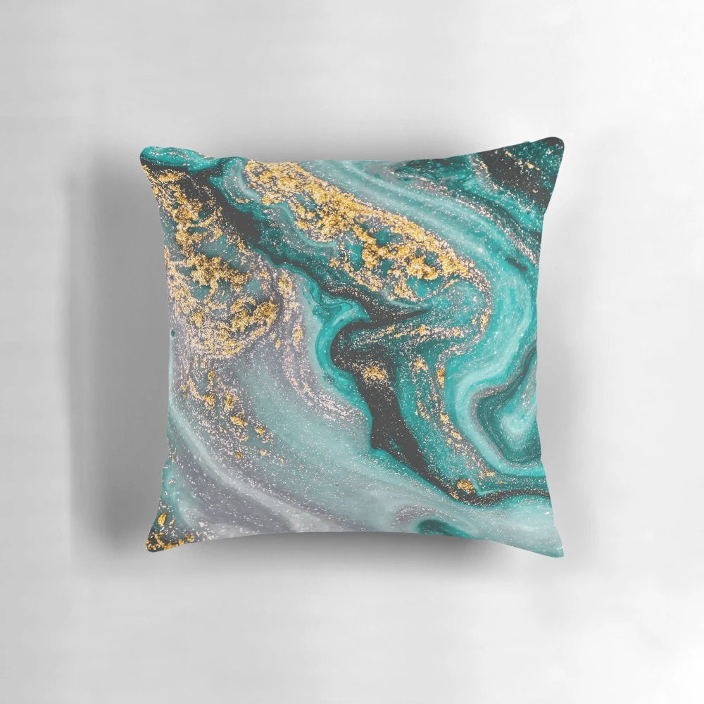 Turquoise and gold marble print decorative pillow with a modern, minimalist Scandinavian abstract design