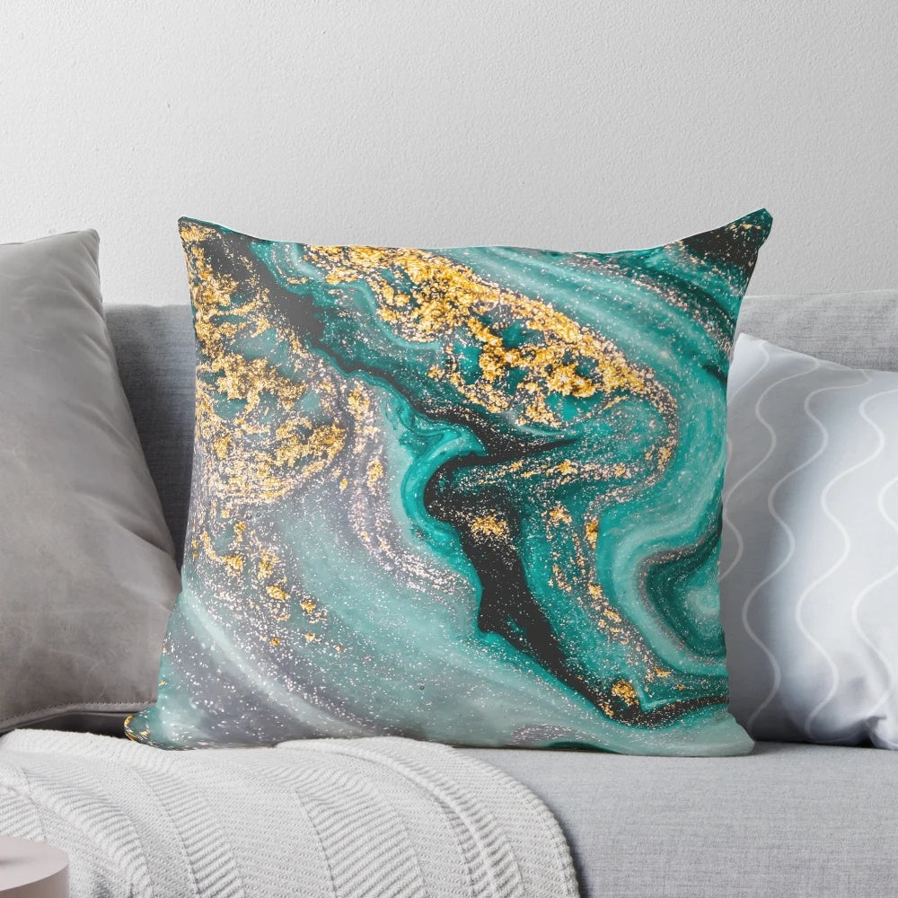 Turquoise and gold marble print decorative pillow with a modern, minimalist Scandinavian abstract design